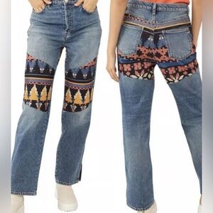 Free People Rocky Mountain Patchwork High Rise Straight Leg Jeans Blue size 27